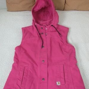 Carhartt Pink Duck Canvas Vest Size 2 XS Sherpa Sleeveless Jacket Hooded Outdoor